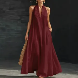 Donna Estate Casual Colore Unito Collo V Halter Abito Lungo con Tasche Elegante Vestito Spiaggia
