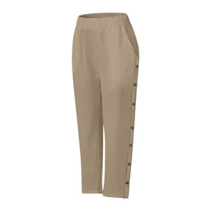 Damen lässige Freizeithose mit hoher Taille aus Baumwolle und Leinen mit Knöpfen neu