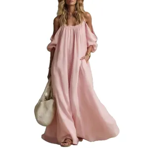 Casual pink cold shoulder cotton linen maxi dress with pockets for women summer vacation wear.