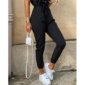 Damen schwarzer casual Utility Cargo Jumpsuit mit Gürtel lange Hose modische Streetwear