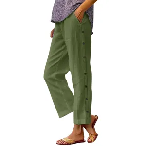 Damen Baumwolle Leinen 7/8 Freizeithose mit hoher Taille Knöpfen und Taschen