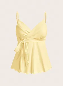 Yellow V-neck wrap camisole detail shot, featuring side tie knot and lettuce hem design.