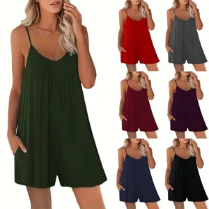 Mono Corto Cami Casual para Mujer Con Cuello en V Sin Mangas Color Sólido Mono Holgado Con Bolsillos Moda de Verano Streetwear Poliéster Bodysuit Corto