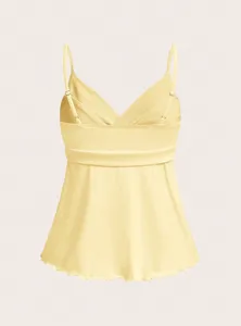Yellow V-neck camisole top with adjustable spaghetti straps and lettuce hem for women.