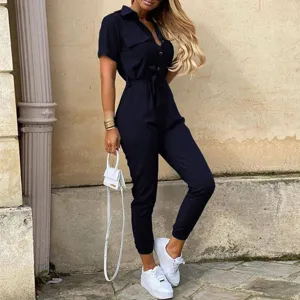 Damen Kurzarm Utility Jumpsuit Freizeit Knopf Revers Gürtel lange Hosen dunkelblau