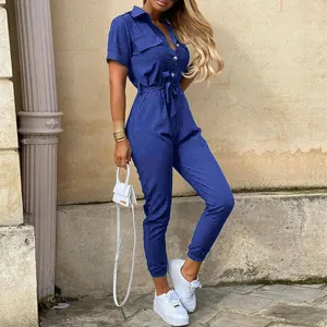 Damen blau utility jumpsuit lässig kurzarm revers knopf tasche gürtel hose sommer
