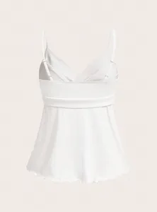 White V-neck camisole for women, slim waist design with spaghetti straps and cute ruffle hem.