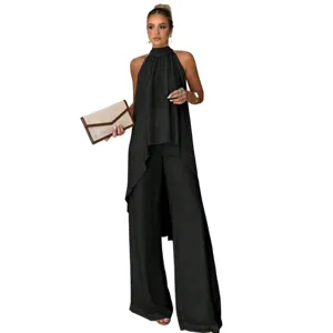 Donna estate casual nero solido top smanicato irregolare pantaloni gamba larga set chic