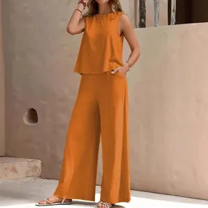 Casual orange two-piece sleeveless top and wide leg pants set for women summer wear main view