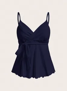 Navy blue V-neck wrap strap camisole top with side tie and cute wave hem for women.
