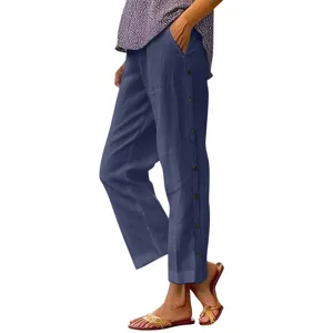 Damen Baumwoll Leinen 7/8 Freizeithose hohe Taille lose Seitenknopf Hosen Detail