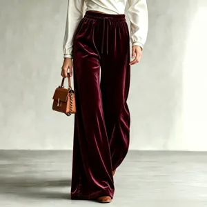 Damen Samt Weite Beine Hosen Hohe Taille Freizeit Tunnelzug Winter Burgund Kleidung