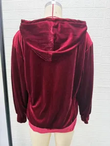 Weinroter Samt Kapuzen Cardigan Detail, langarm Freizeit Herbst Winter Damen Jacke Ansicht.