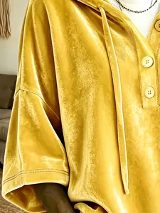 Women velvet hoodie top short sleeve casual yellow apparel detail view fashionable daily wear