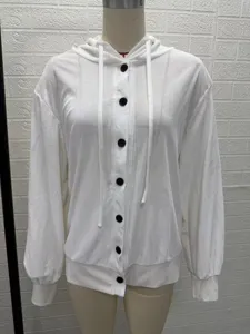 Damen einfarbig casual Gold Samt Kapuze Strickjacke langarm Mantel mit schwarzen Knöpfen.