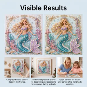 Details and application scenes of the mermaid diamond painting for home and craft.