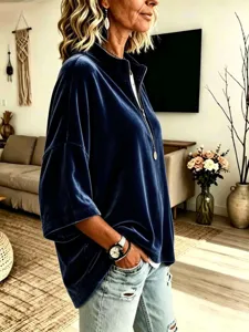 Autunno donna top in velluto dettaglio, mezza zip 7 maniche largo comodo camicia casual