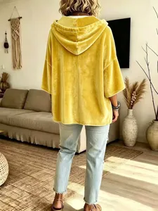 Womens solid gold velvet casual hooded top half sleeve fashion streetwear comfortable spring