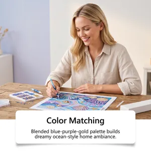 Detail shot of woman crafting a dreamy ocean mermaid diamond painting kit on table.