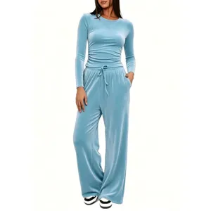 Einfarbiger Samt Freizeit Langarm Oberteil und Hose mit hoher Taille Trainingsanzug Set.