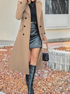 Damen elegante camel zweireihige lange Wollmantel Winter warme dicke Oberbekleidung