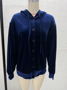 Damen einfarbige Samt Kapuzen Cardigan Detail, lässige Langarm Knopf Jacke für den Herbst.