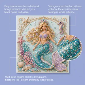 Close-up detail of sparkling pearls and rhinestones on the ocean mermaid diamond painting.