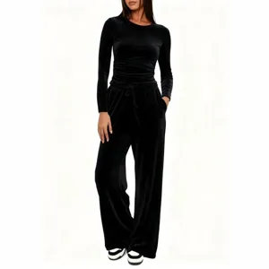 Schwarzer Samt Jogginganzug Set für Damen, Langarmshirt und hochtaillierte weite Hose.