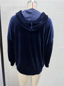 Velvet hooded jacket back detail in dark blue, soft texture, long sleeve casual wear design.
