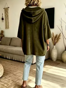 Women velvet hooded half sleeve top casual solid color green stylish back view detail display