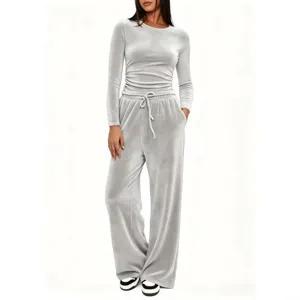 Damen einfarbig Samt Freizeit Langarm Oberteil und hohe Taille weite Beine Hose Set