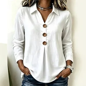 Camicetta Casual a Manica Lunga da Donna Scollo a V Larga Tinta Unita Bottone Plissettato Camicia Top in Poliestere