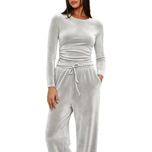 Einfarbiger lässiger Langarmtop und High-Waist Weitbein-Hosen Trainingsanzug Set.