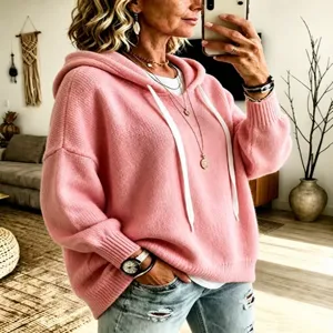 Women Pink Knitted Hooded Sweater Casual Long Sleeve Loose Pullover Outerwear Top