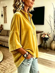 Top in velluto autunnale da donna collo alto con zip manica 3/4 comodo e casual elegante