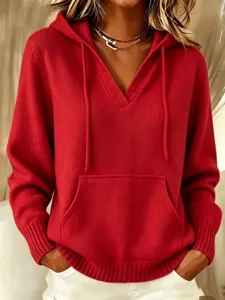 Red knit hoodie detail shot, V-neck long sleeve pullover with kangaroo pocket and drawstring.
