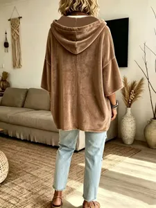 Women's velvet hooded top detail view, casual three quarter sleeve design for spring and autumn.
