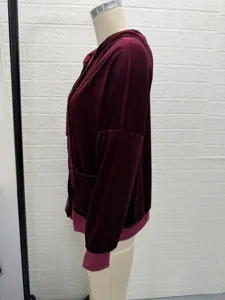 Women's velvet hooded cardigan jacket, long sleeve casual solid color outerwear style.