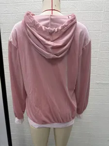 Rosa Samt Kapuzenjacke für Damen, lässige einfarbige langärmelige Kapuzen Oberbekleidung.
