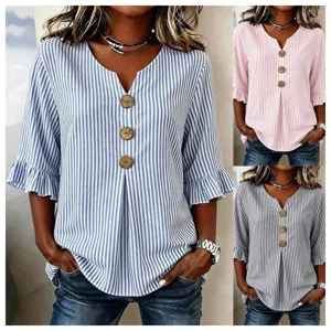 Women Casual Vertical Striped V Neck Short Sleeve Blouse Large Button Trumpet Sleeve Loose Daily Chic Shirt