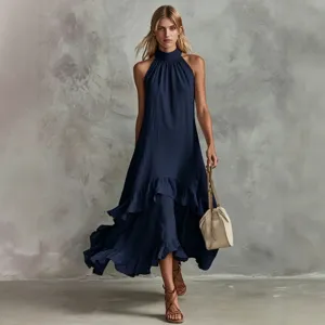 Damen ärmelloses Halter Rüschen langes Maxikleid elegante Sommer Strand Party Mode Kleidung