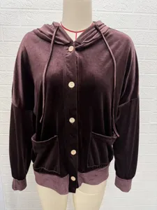 Women velvet hooded cardigan detail view, long sleeve button-up casual outerwear.