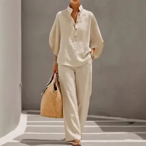 Lässiges Leinenbluse und Hosen Set für Damen, einfarbiges loses Zweiteiler Outfit für Alltag.