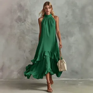 Elegantes Damen Sommer langes grünes Rüschen Halfter Maxikleid lässige Strand Party Kleidung