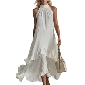 Elegantes weißes ärmelloses Maxikleid mit Rüschen und Neckholder für Damen Sommer Strand Freizeitkleidung