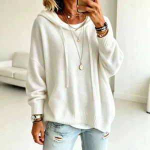 Women Casual White Knit Hooded Long Sleeve Pullover Loose Sweater Drawstring Top