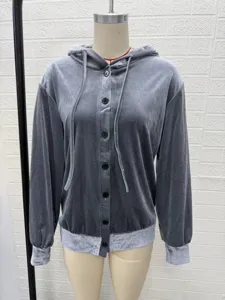 Graue Samt Kapuzenjacke Damen, langarm Knopfleiste Cardigan, Freizeit Oberbekleidung.