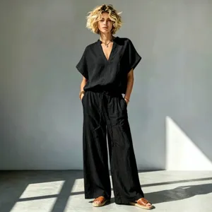 Sommer Freizeit Baumwolle Leinen V-Ausschnitt Kurzarm Hemd und weite Hose Set Damen