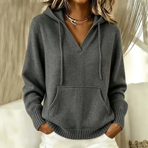 2026 autumn winter solid color knit hooded sweatshirt with kangaroo pocket and drawstring.