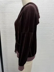 Detailed side view of women solid color hooded velour long sleeve cardigan outerwear dark brown